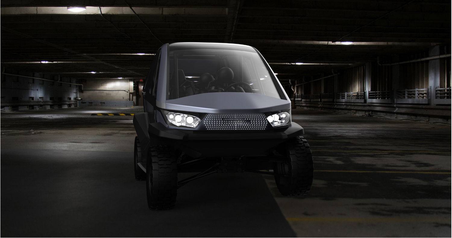 Front view of the Novae low-speed electric vehicle parked in a parking garage.