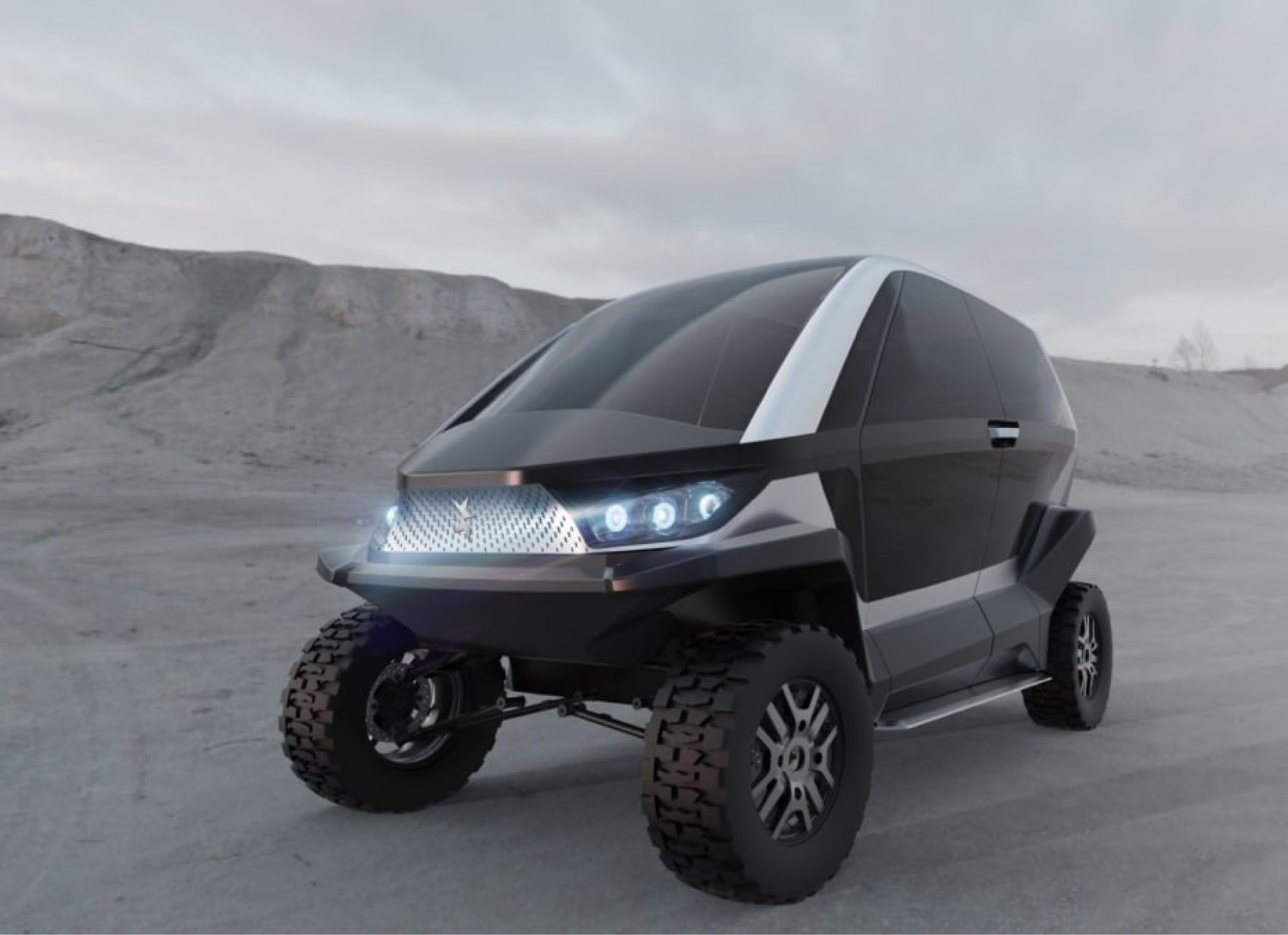 Novae low-speed electric vehicle parked on a sandy off-road area.