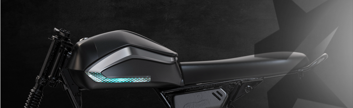 Close-up of the Novae electric motorcycle seat.