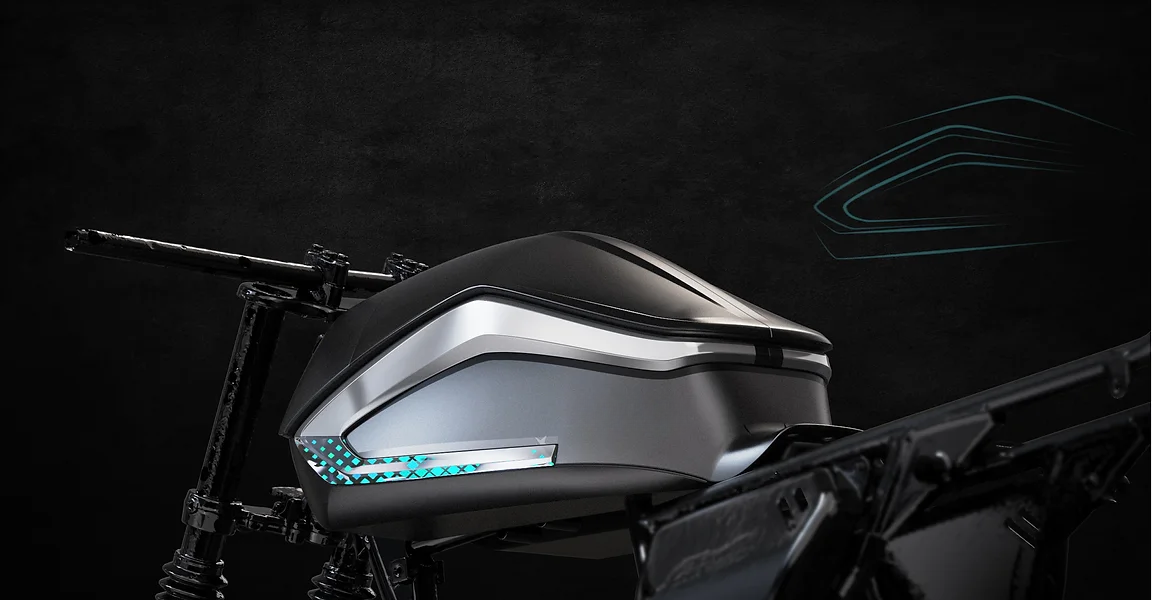 Close-up of the Novae electric motorcycle body.