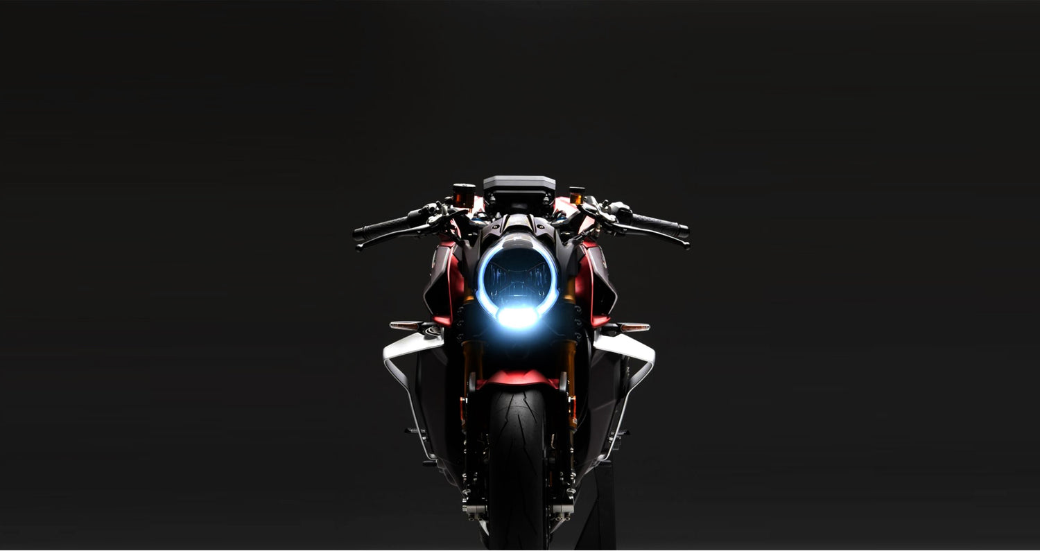 Front view of the Novae electric motorcycle.