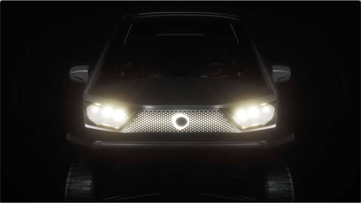 Novae low-speed electric vehicle with headlights lit up.