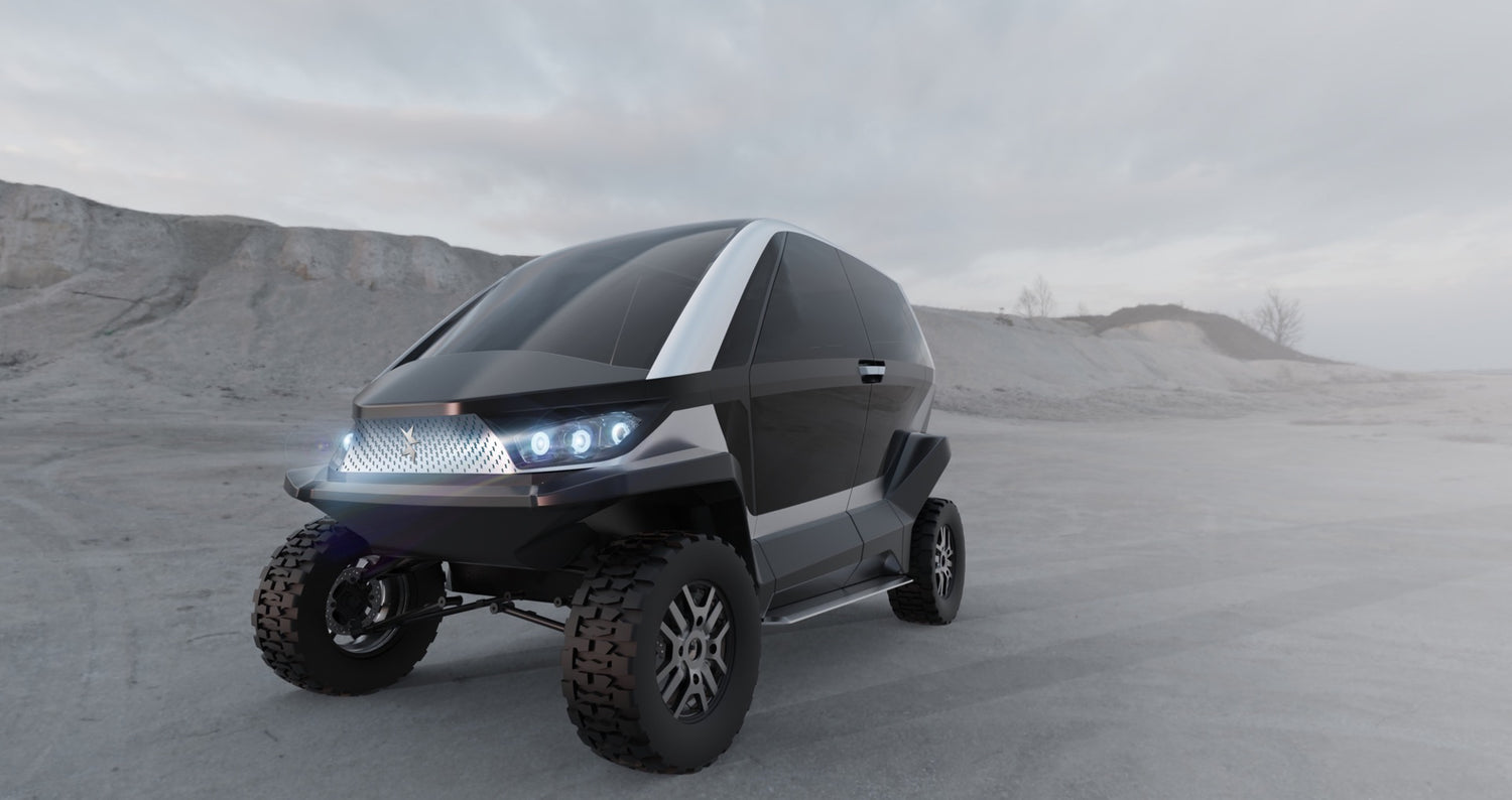  Novae low-speed electric vehicle parked at an angle in a sandy, hilly off-road area.