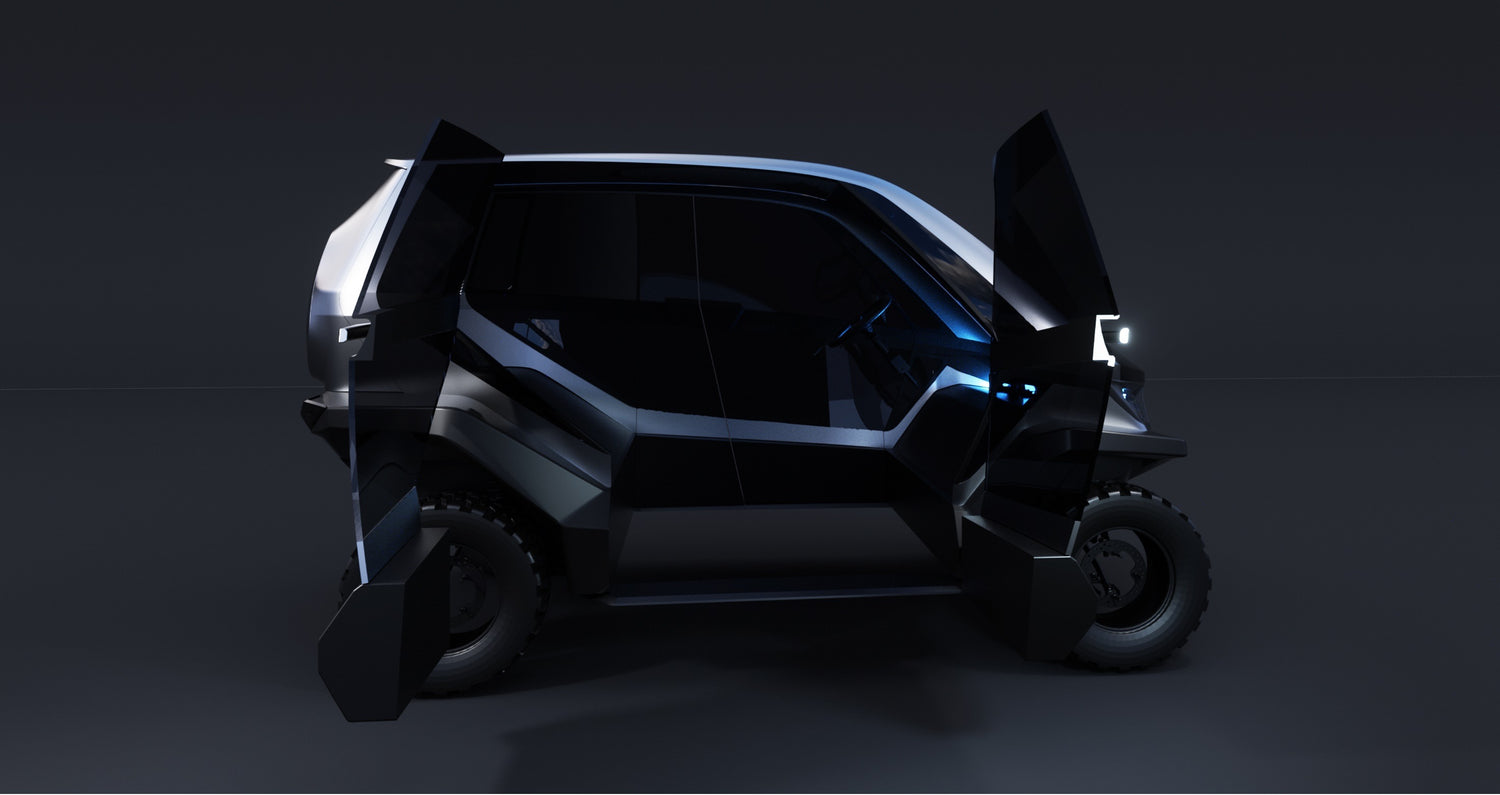 Side view of the Novae low-speed electric vehicle with the front and back passenger doors open.